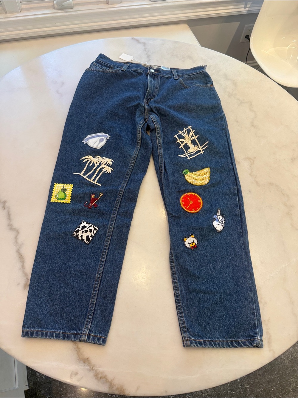 NWT Levi's 550 Dark Blue Denim relaxed tapered jeans with Colorful Patchwork